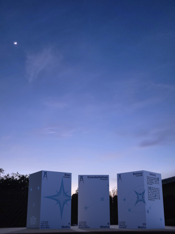 A shot of the mockup packages at night.