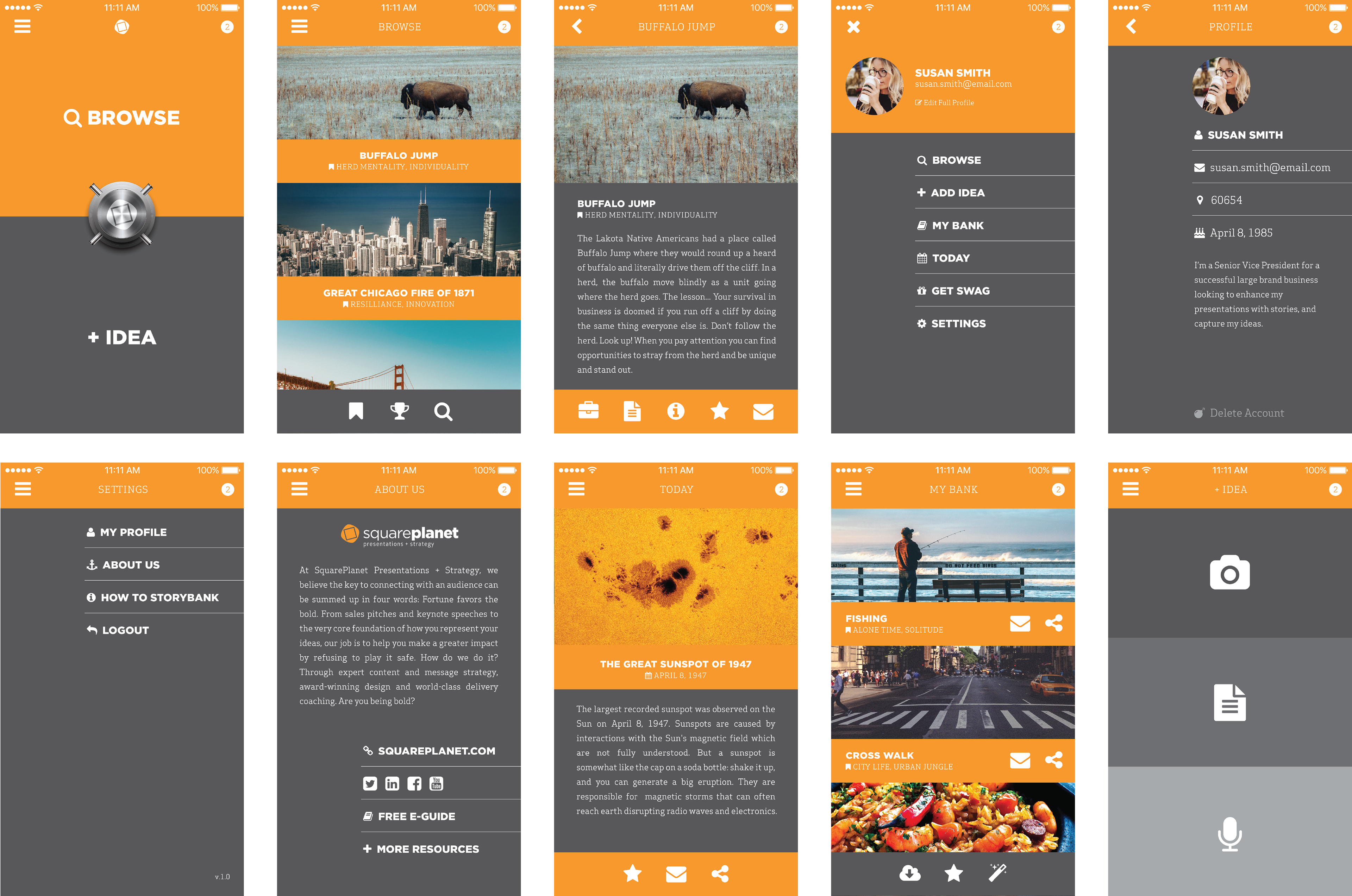 Grid of proposed pages for the StoryBank App (Concept).