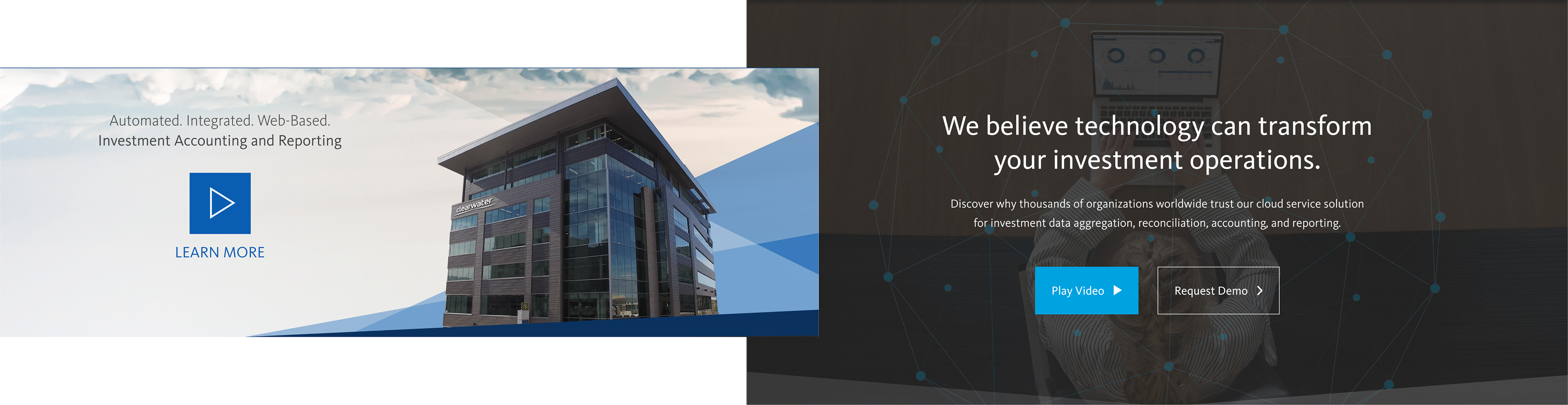 Legacy homepage hero section with company headquarters and video play button (left) compared to redesigned section with new copy and brand imagery (right).