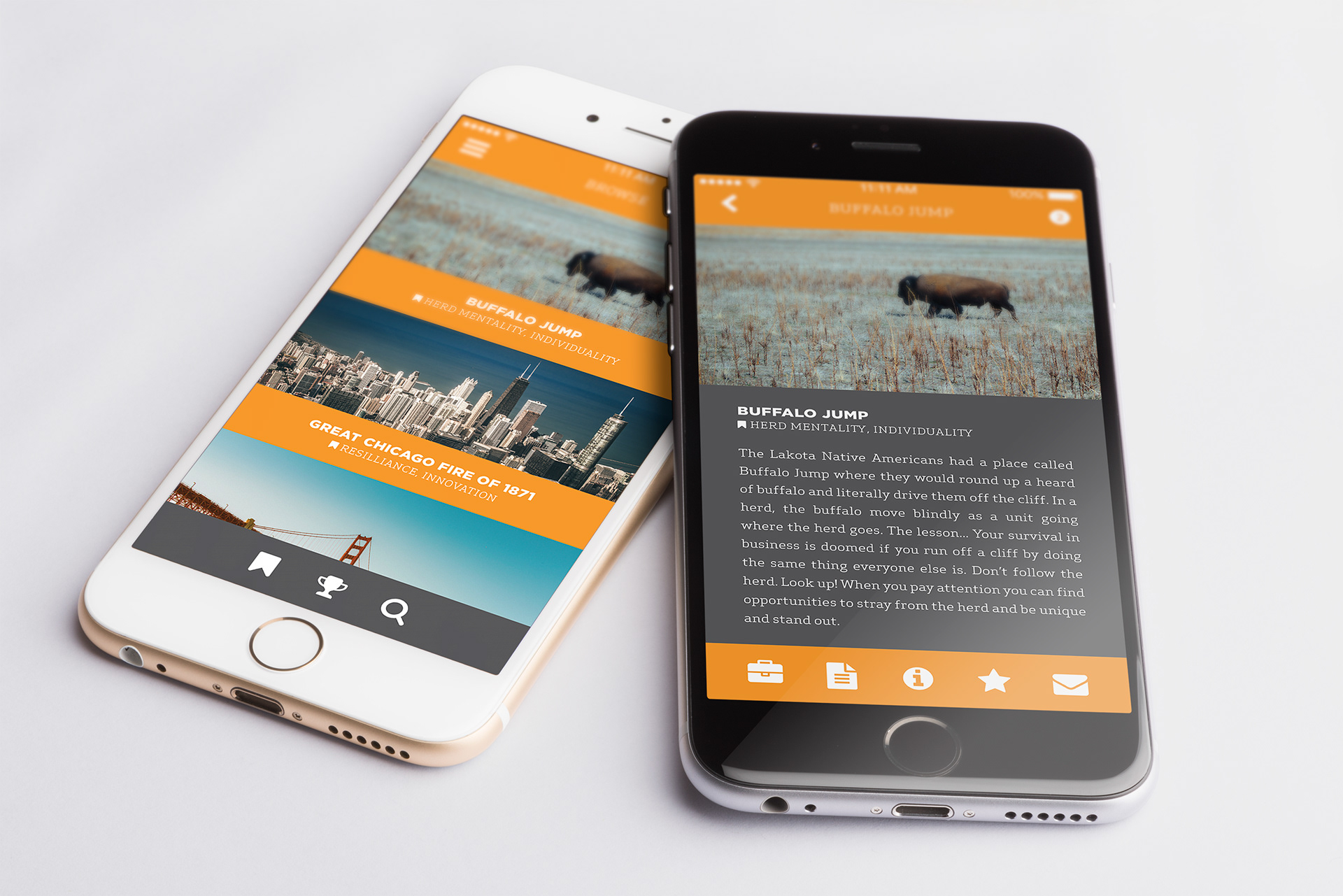 Browse for stories (left) and detail view of a selected story (right).