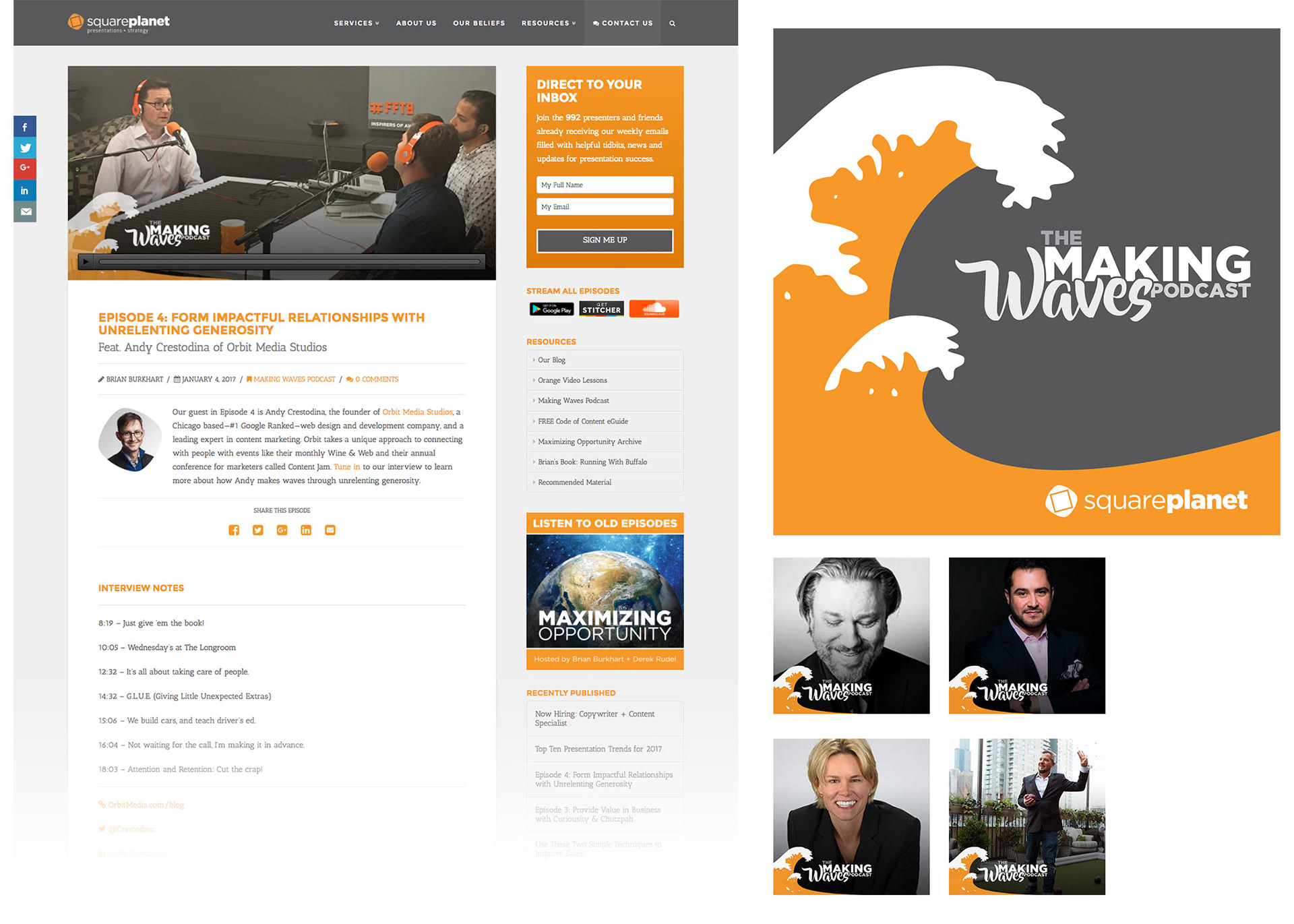 Podcast post layout (left) with album art from the season (right). For a preview, Listen to Episode 4: Featuring Andy Crestodina of Orbit Media.
