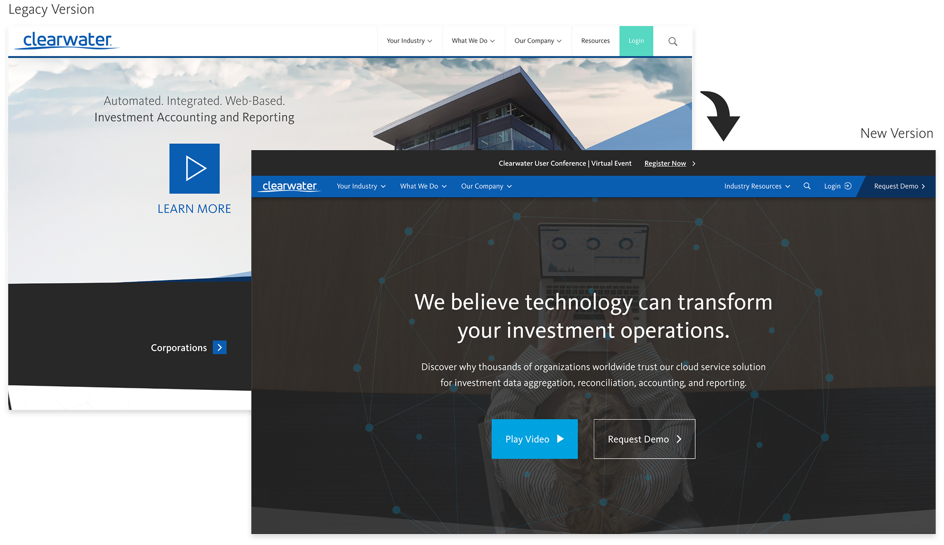 Legacy Clearwater homepage (left) compared to refreshed homepage (right).