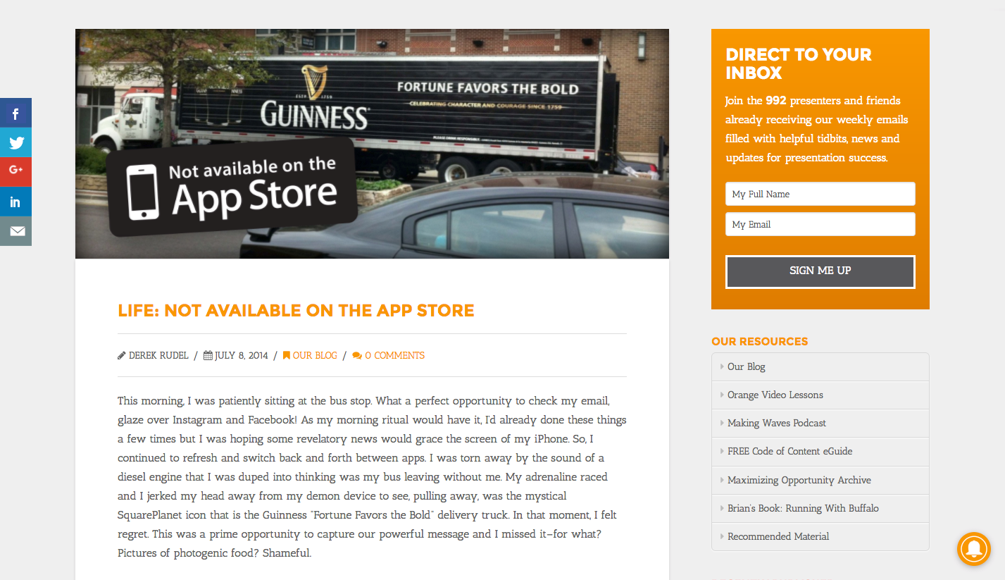 SquarePlanet blog layout featuring a personally authored entry, Life: Not Available on the App Store.