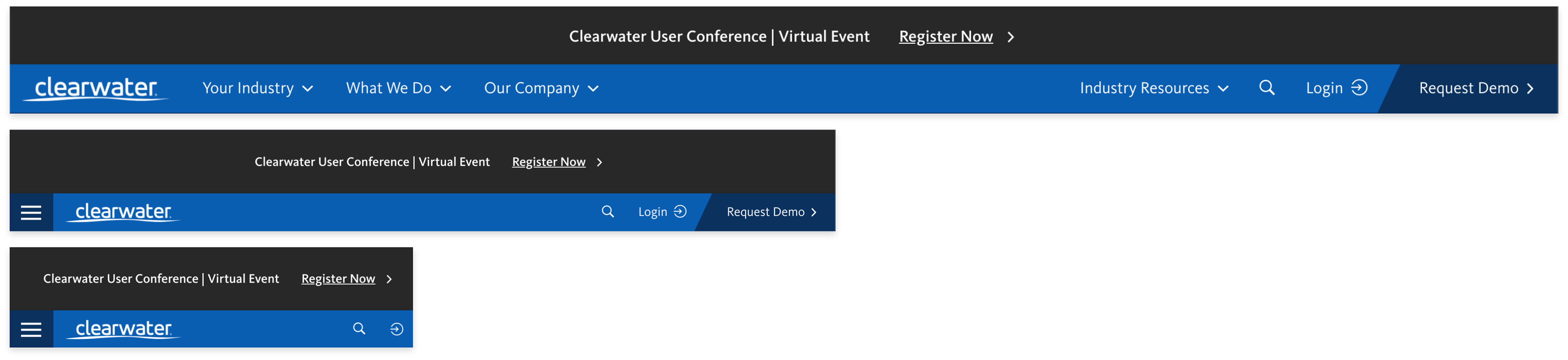 The new header stack featuring a notification bar, page navigation, and call-to-action (CTA). Displayed in responsive breakpoints desktop (top), tablet (mobile), mobile (bottom).