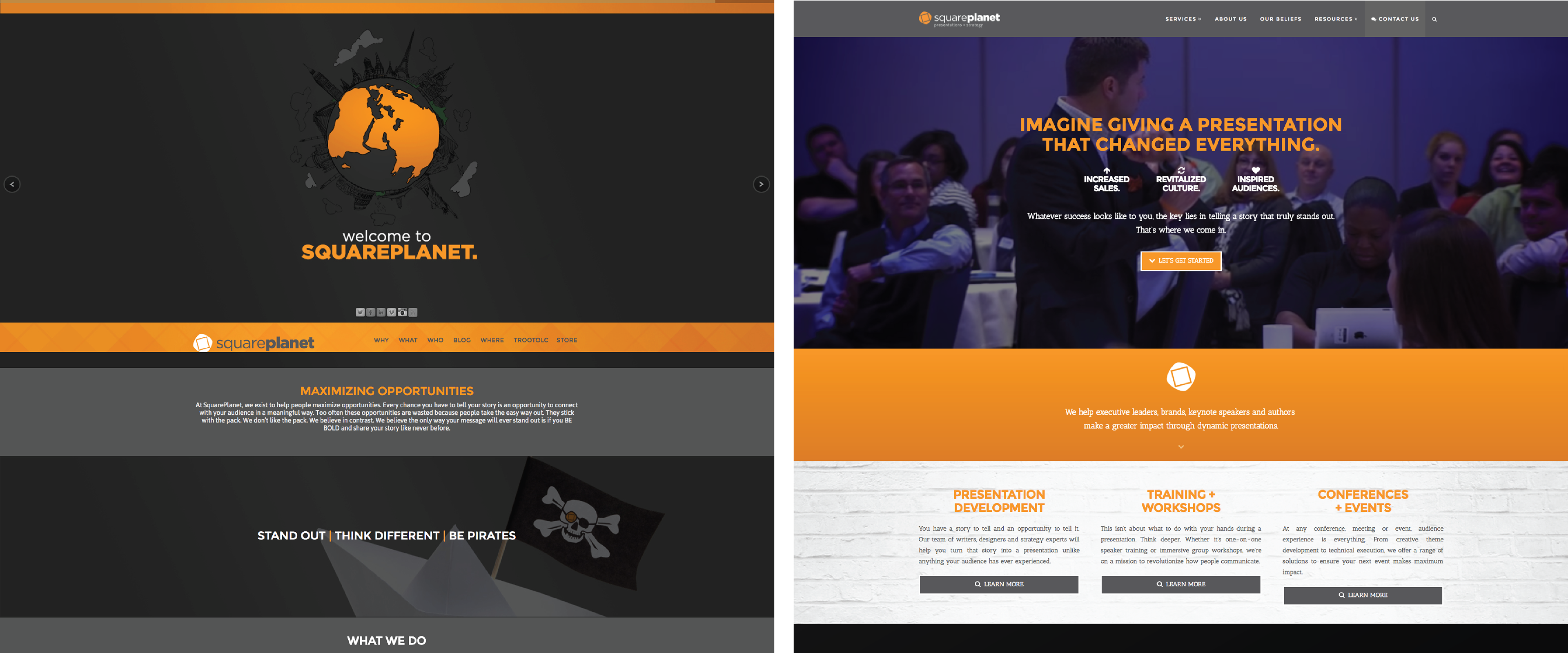 SquarePlanet.com — Legacy SquarePlanet website featuring broken theme and dated branding (left). Updated site featuring updated visual design and structure (right).