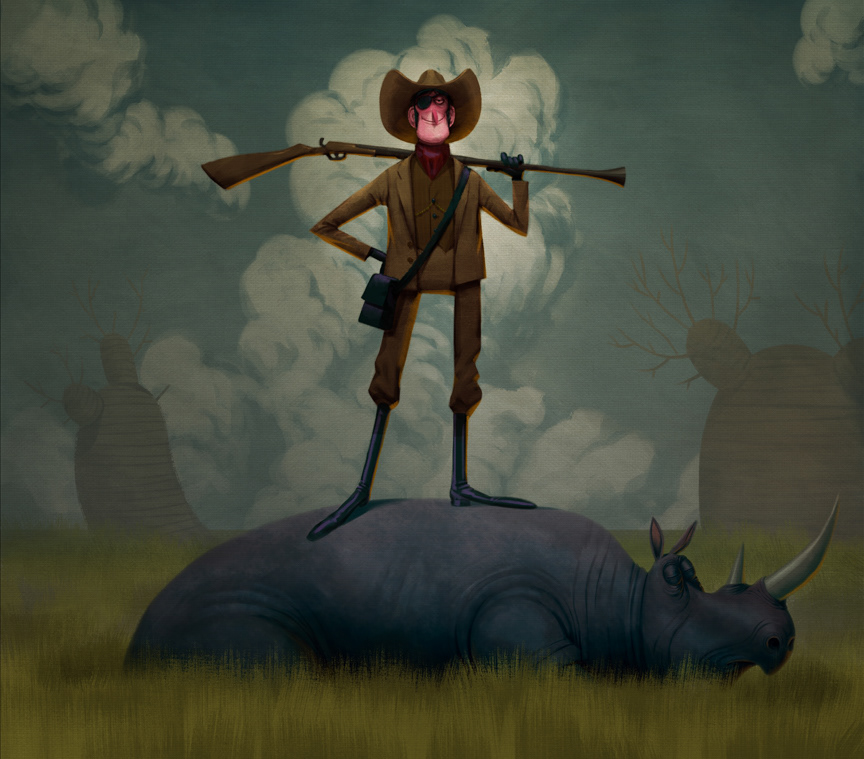 Rhinoceros hunter painting hanging on Optimates Club wall
