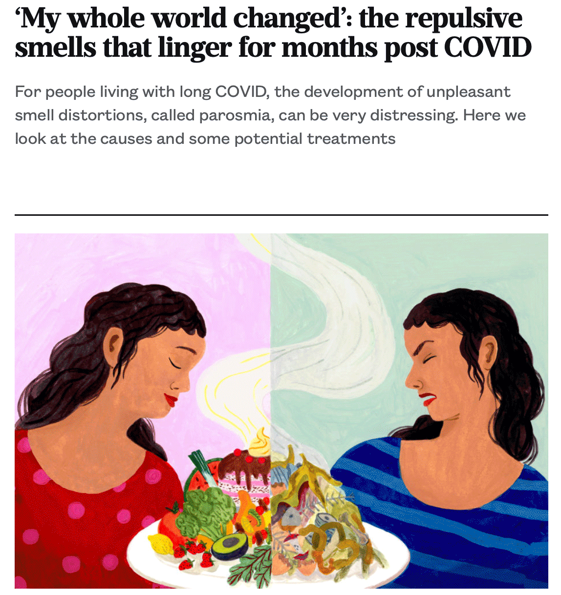 Detailed graphics for an article on smell and parosmia