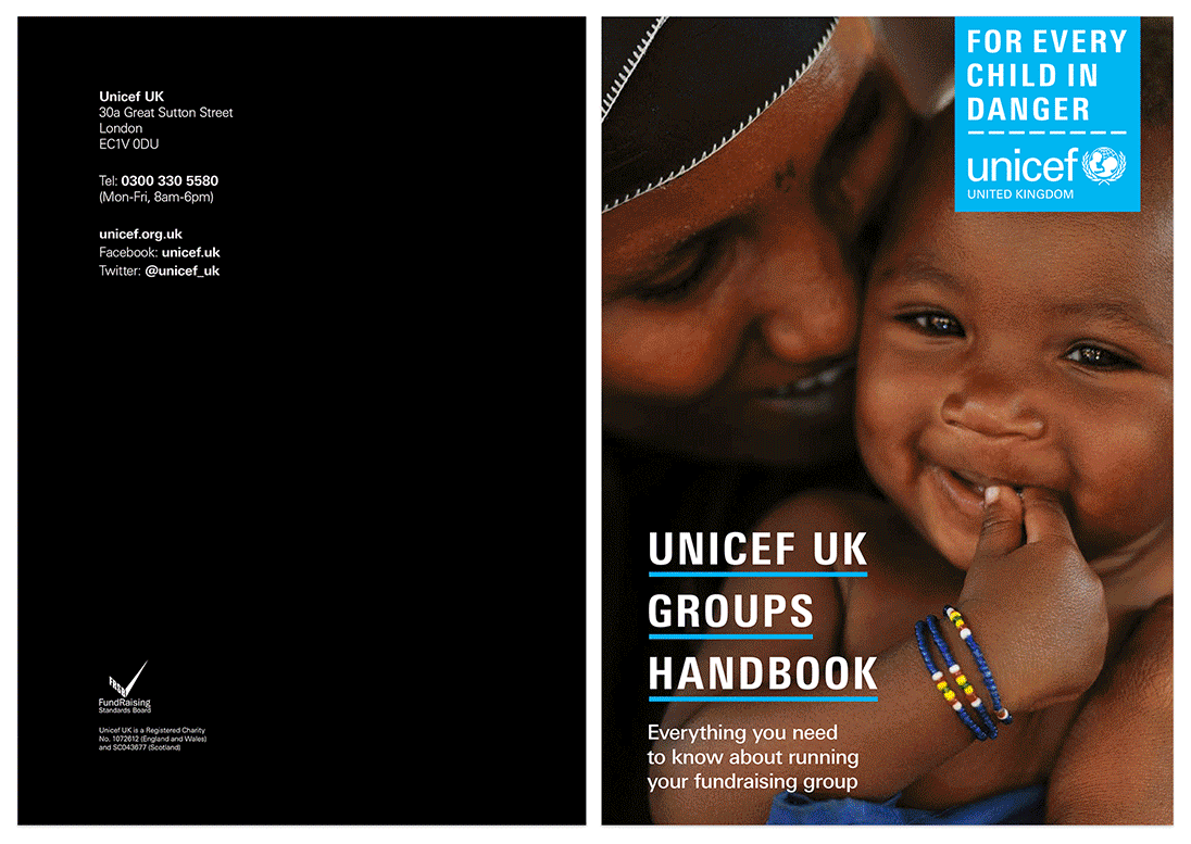 Design and layout of a print and digital interactive handbook for Unicef UK groups. Design was to be strong and authoritative but personable and encouraging.