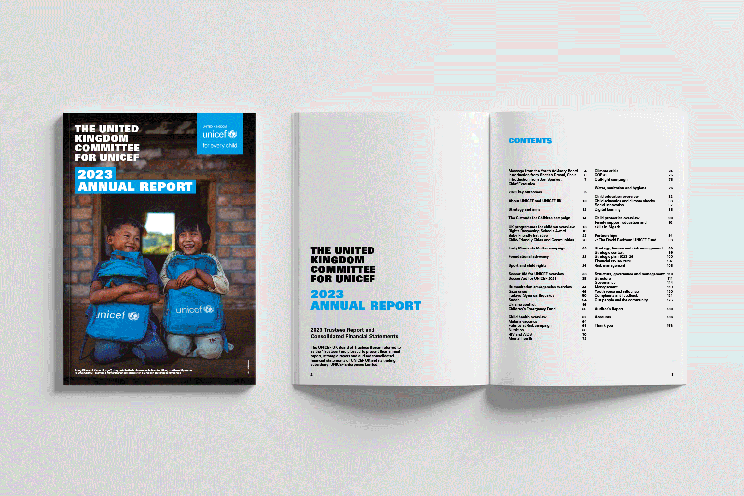 Design of Unicef UK Annual Review, 160-page print and interactive online versions
