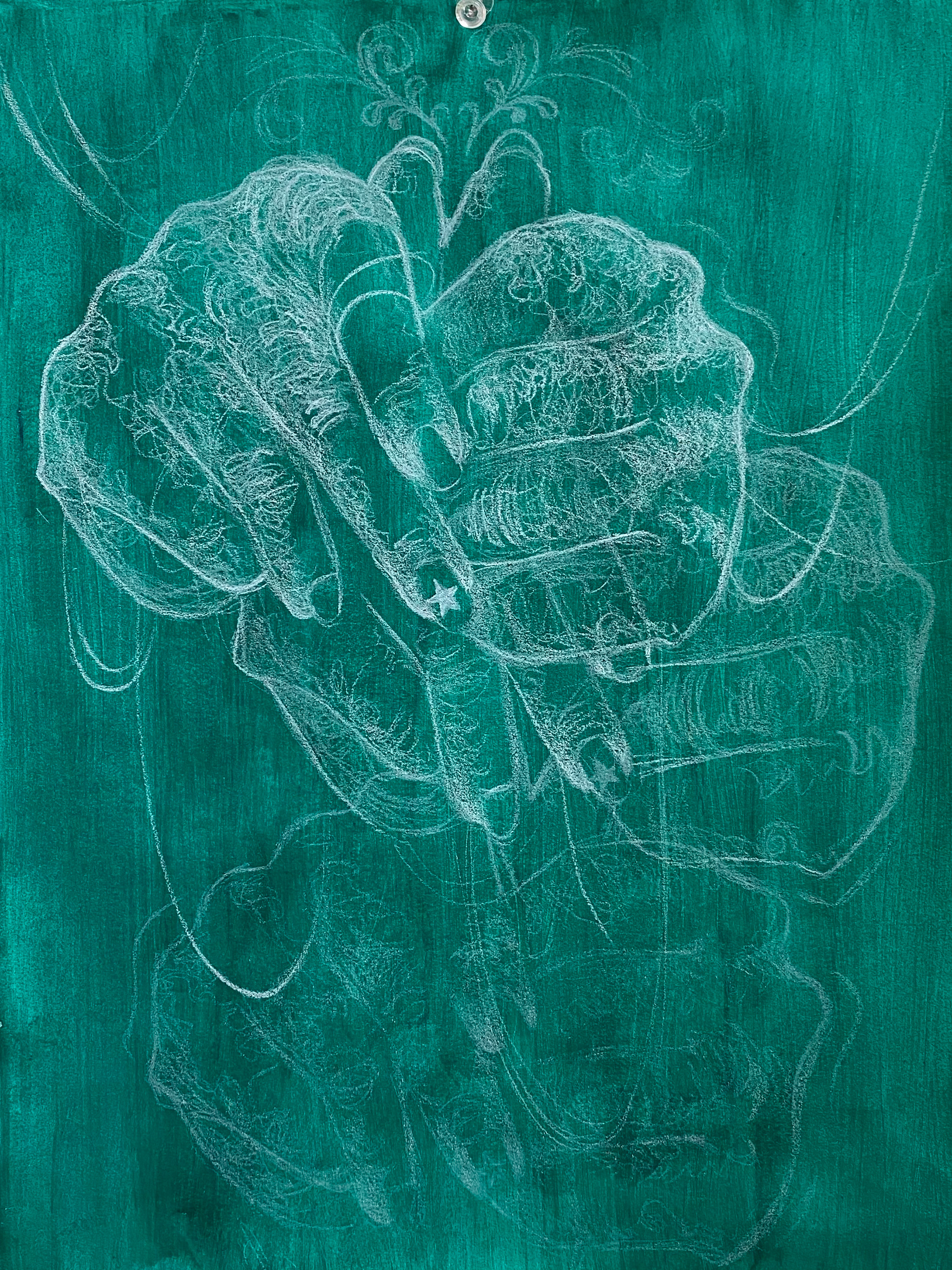 Knitting hands / White color pencil on tinted paper / 2023