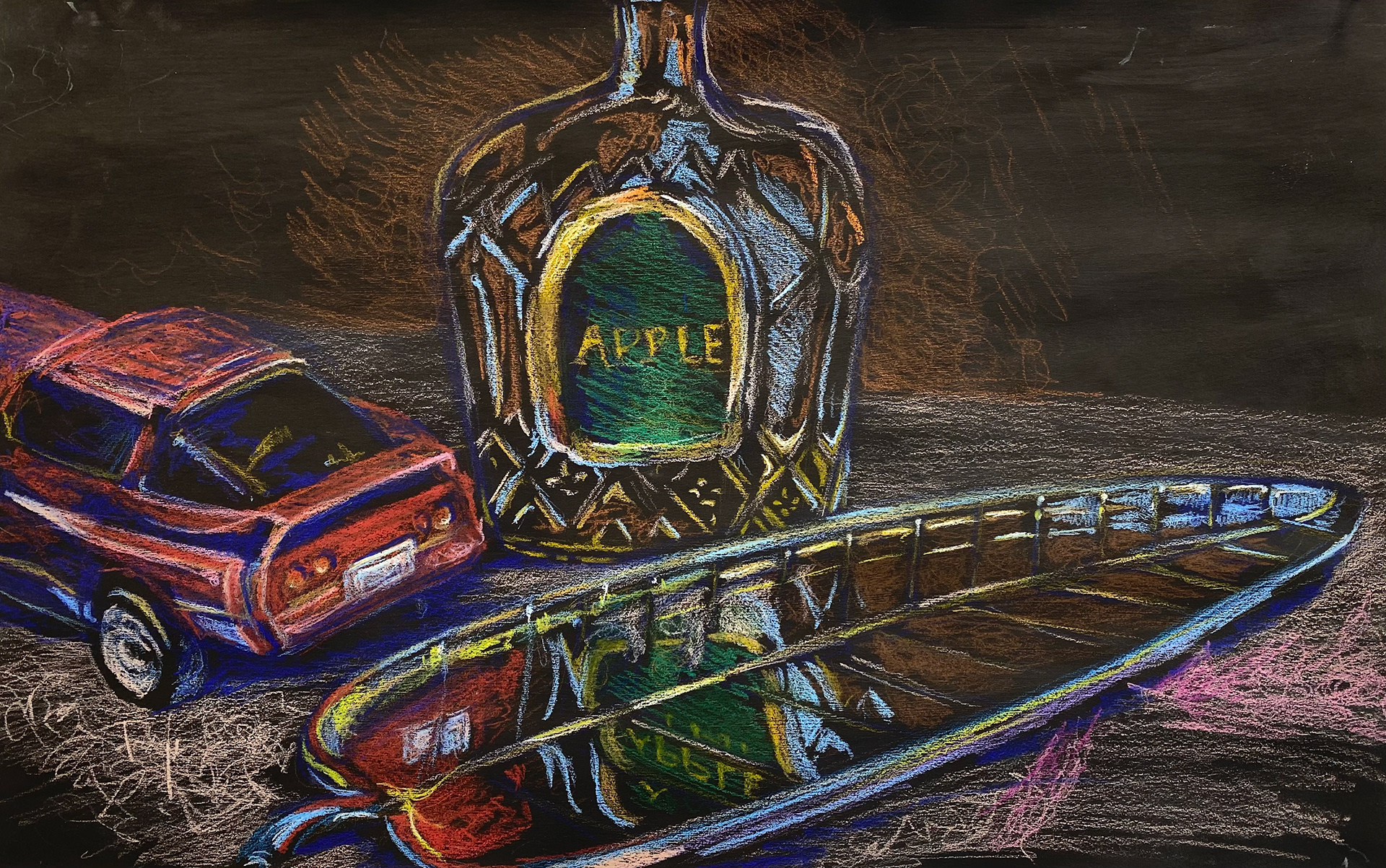 Reflective Still Life / Color Pencil on Black Gessoed paper / 2023