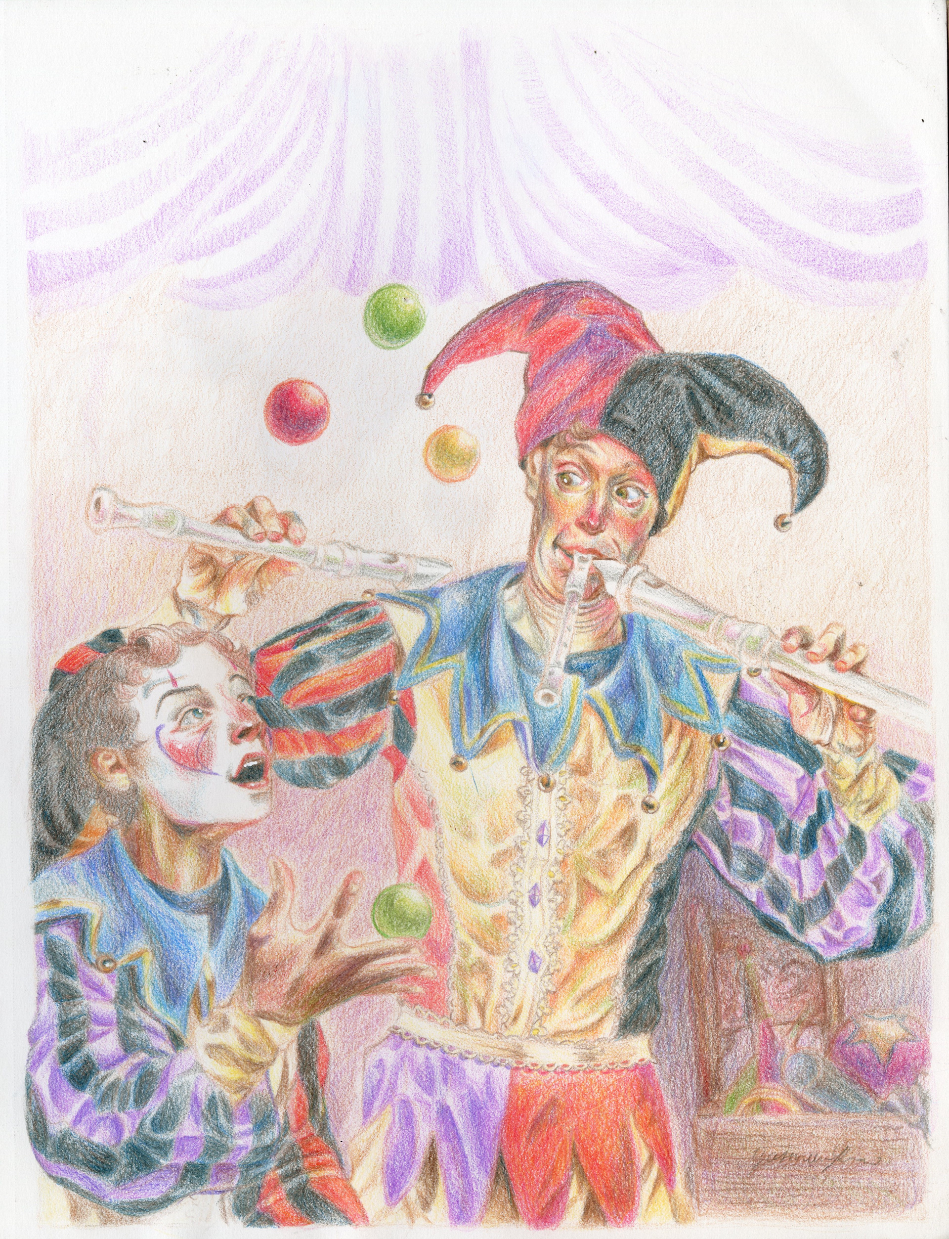 Two Jesters in a Circus! / Color pencil on Canson Sketchbook Paper / 9" x 12" / 2024