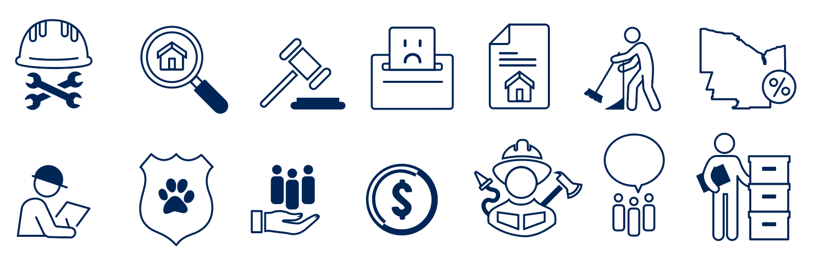 14 icons in two rows of 7. The icons symbolize different departments and committees in the town of gates, new york.