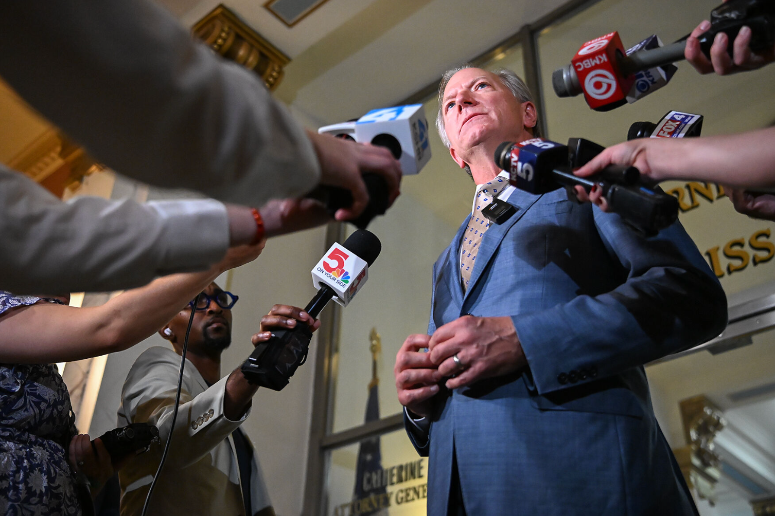 Missouri state Rep. Bob Onder takes questions from the press on Thursday, Sept. 10, 2026 at the Missouri Supreme Court in Jefferson City. Onder is leading a lawsuit seeking to reverse the court order blocking a new electoral map.