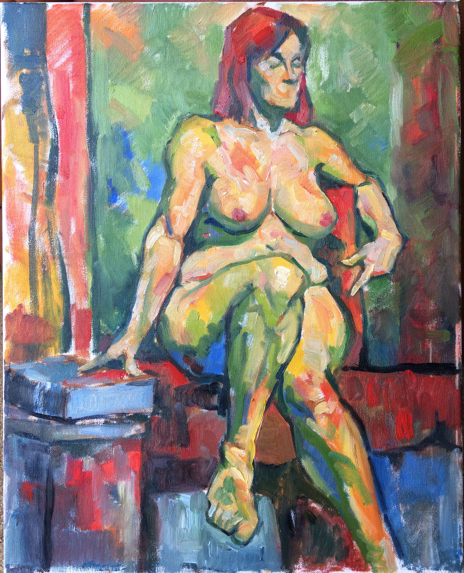 Seated figure in green and red (oil on canvas)