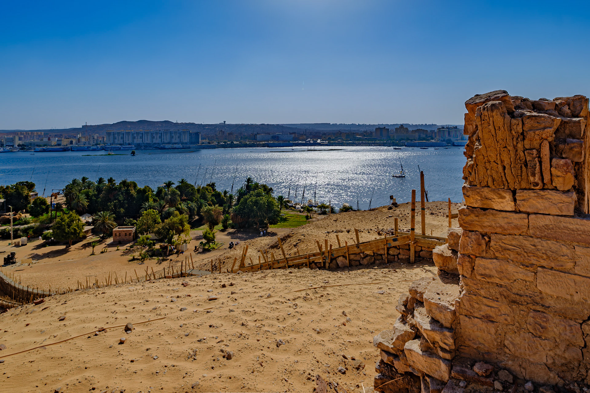 View of Aswan from climbing up to Tombs of the Nobles