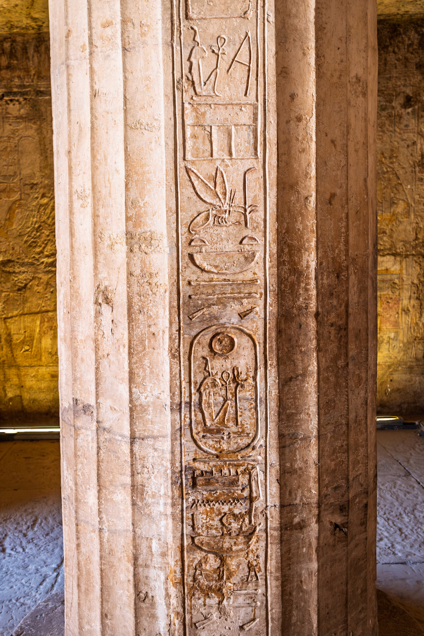 Pillar carving  - Horus of Gold, abounding in years, great of victories, the bodily son of Re, Ramsesses II, beloved of Isis the Great, Lady of Heaven, Mistress of the two lands.