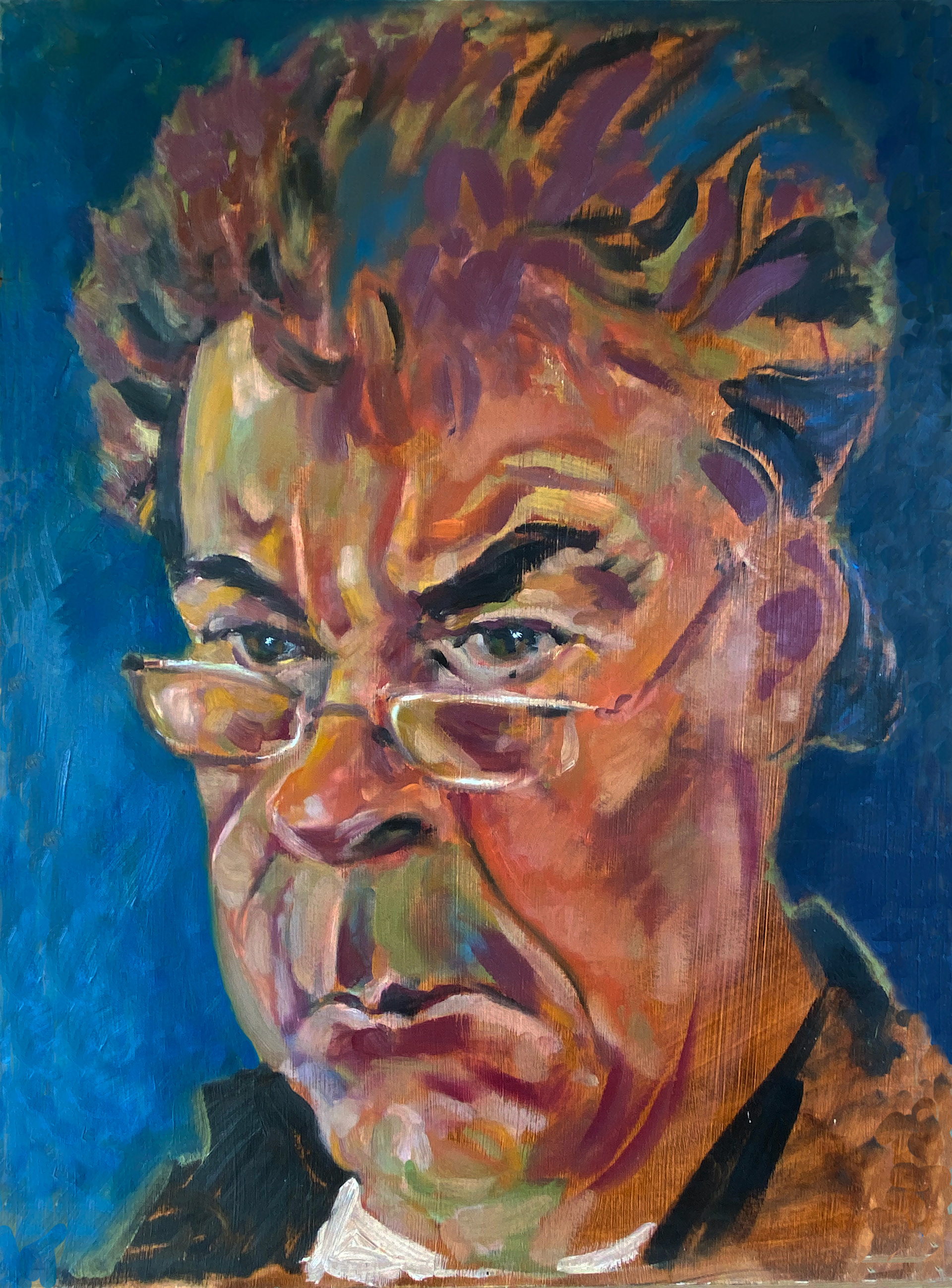 Grumpy selfie, oil on board