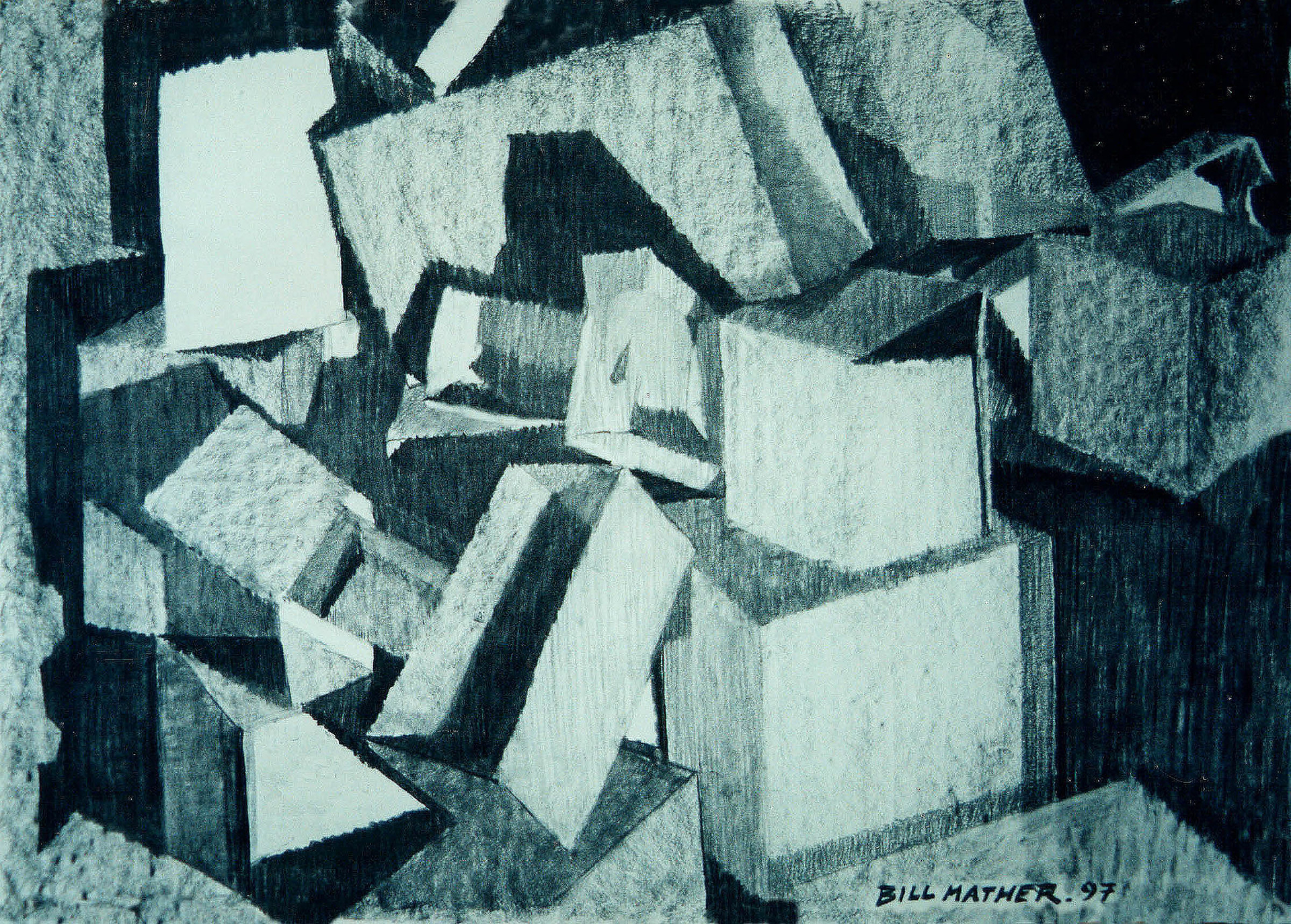 Boxes in a spotlight, charcoal on paper