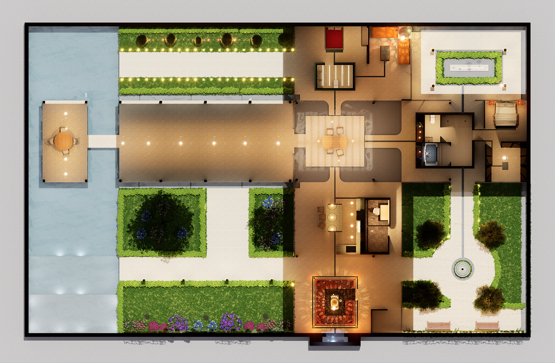 Rendered Floor Plan: Materials and Lighting (Day)