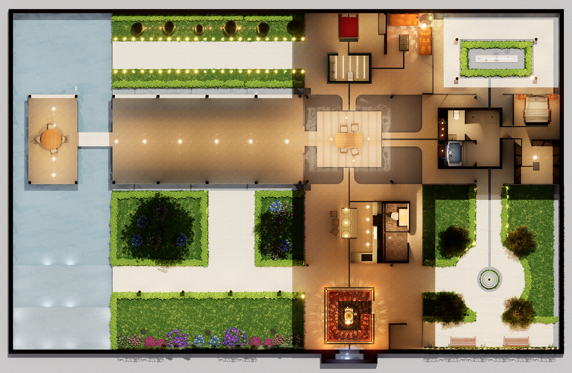 Rendered Floor Plan: Materials and Lighting (Day)