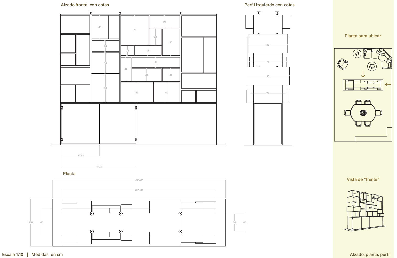Frontal View: Dimensioned Plan, Elevation, and Side View
