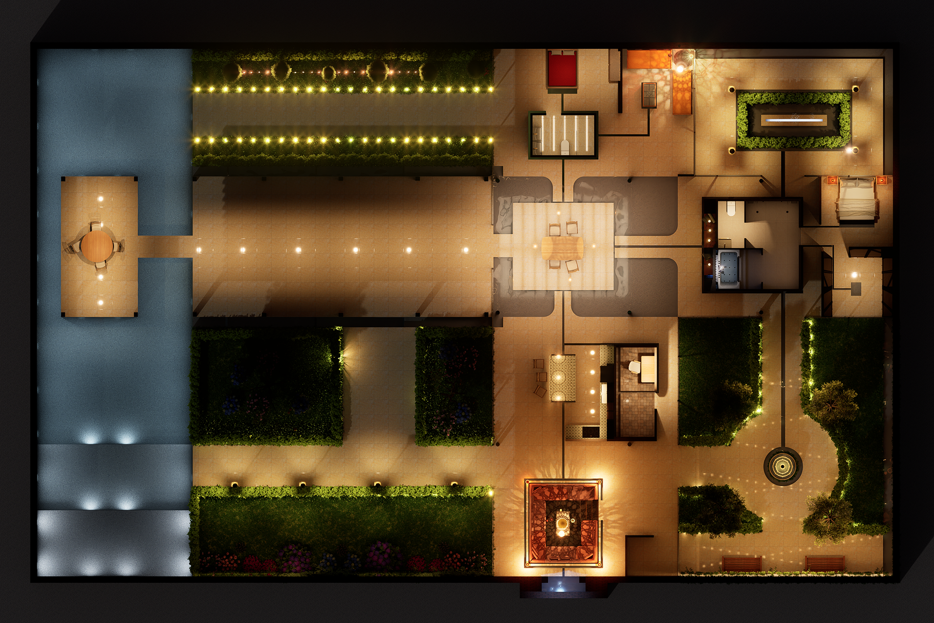 Rendered Floor Plan: Materials and Lighting (Night)