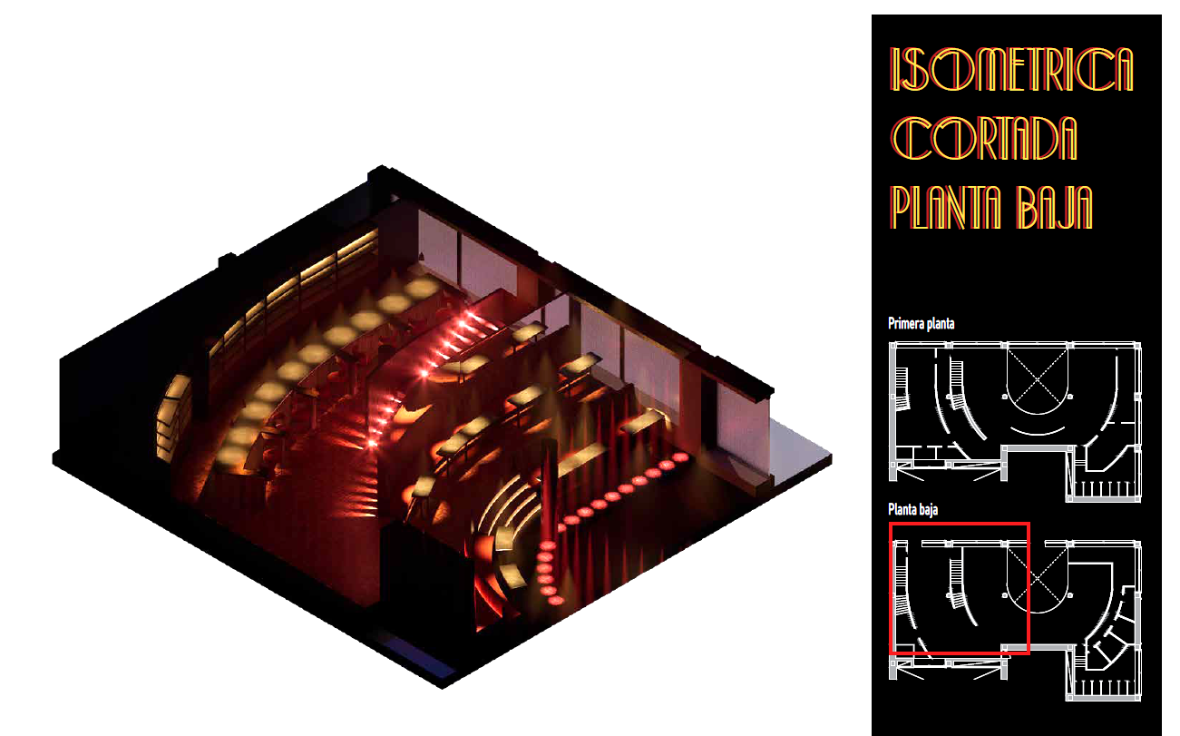 Isometric Section: Stairs, Cocktail Bar and Dining Tables