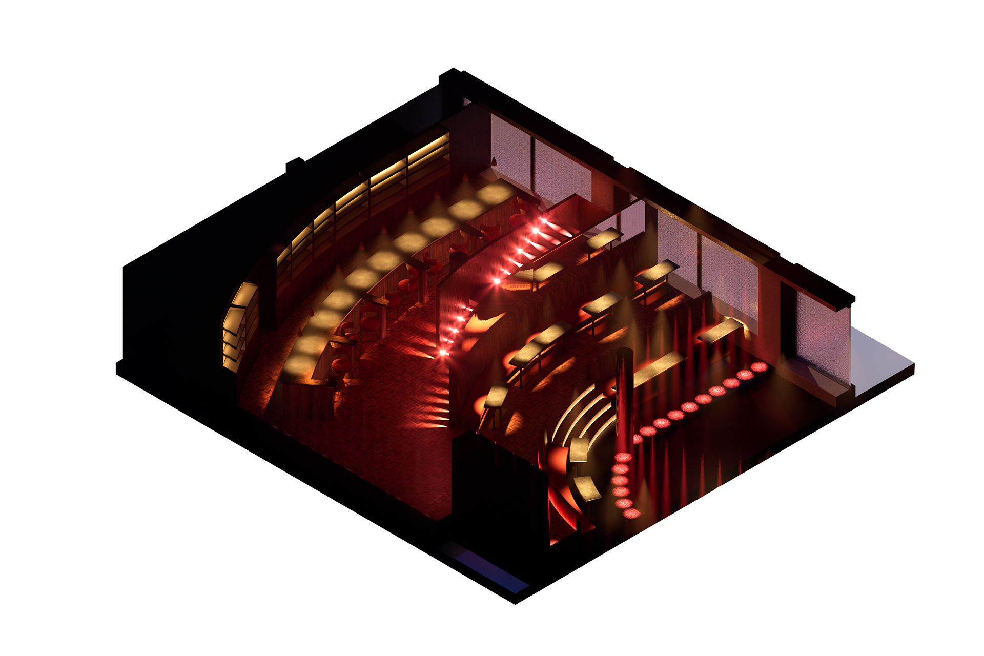 Isometric Section: Stairs, Cocktail Bar and Dining Tables