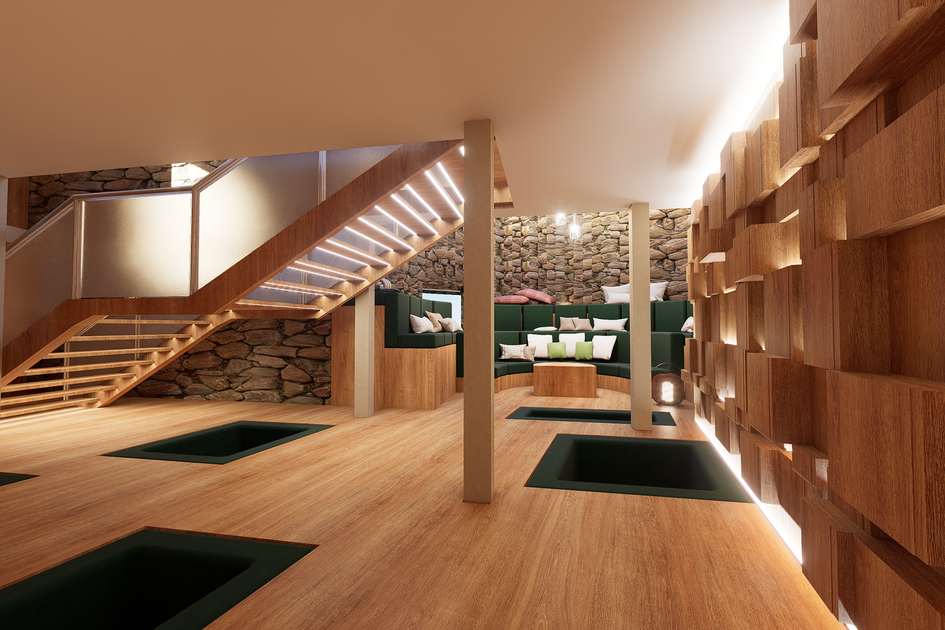 Access to Lounge with Built-In Sunken Sofas