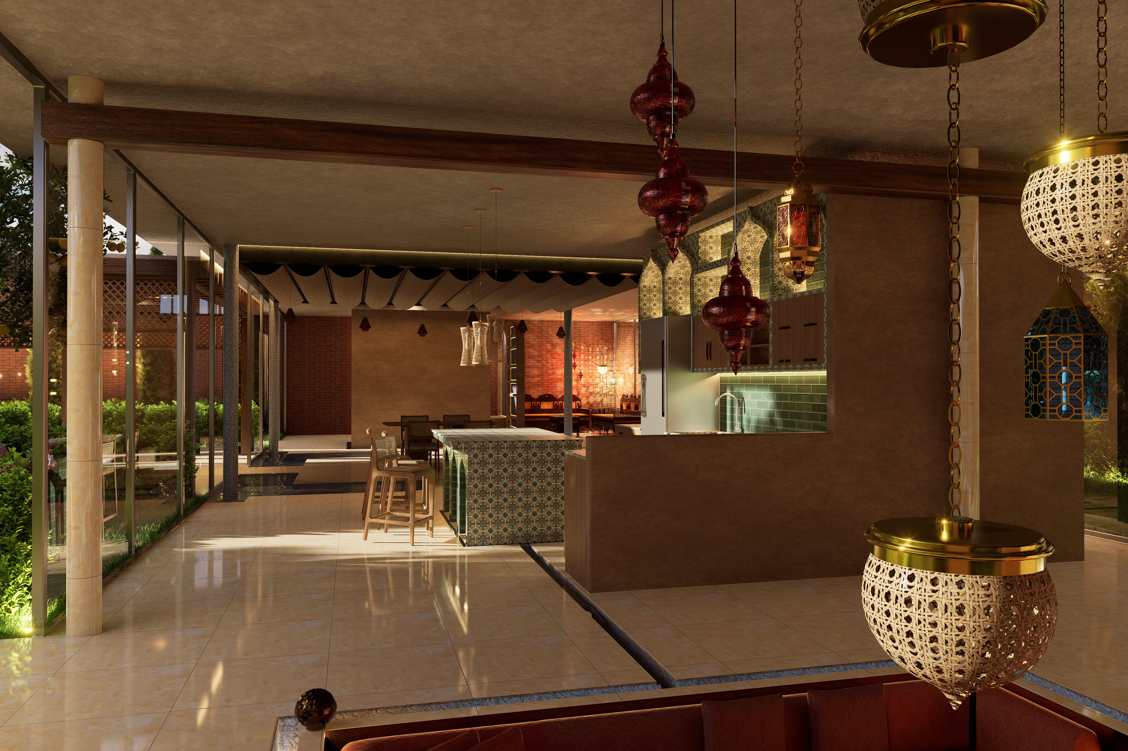 Lounge with Stepped Sofa / Kitchen (Afternoon)