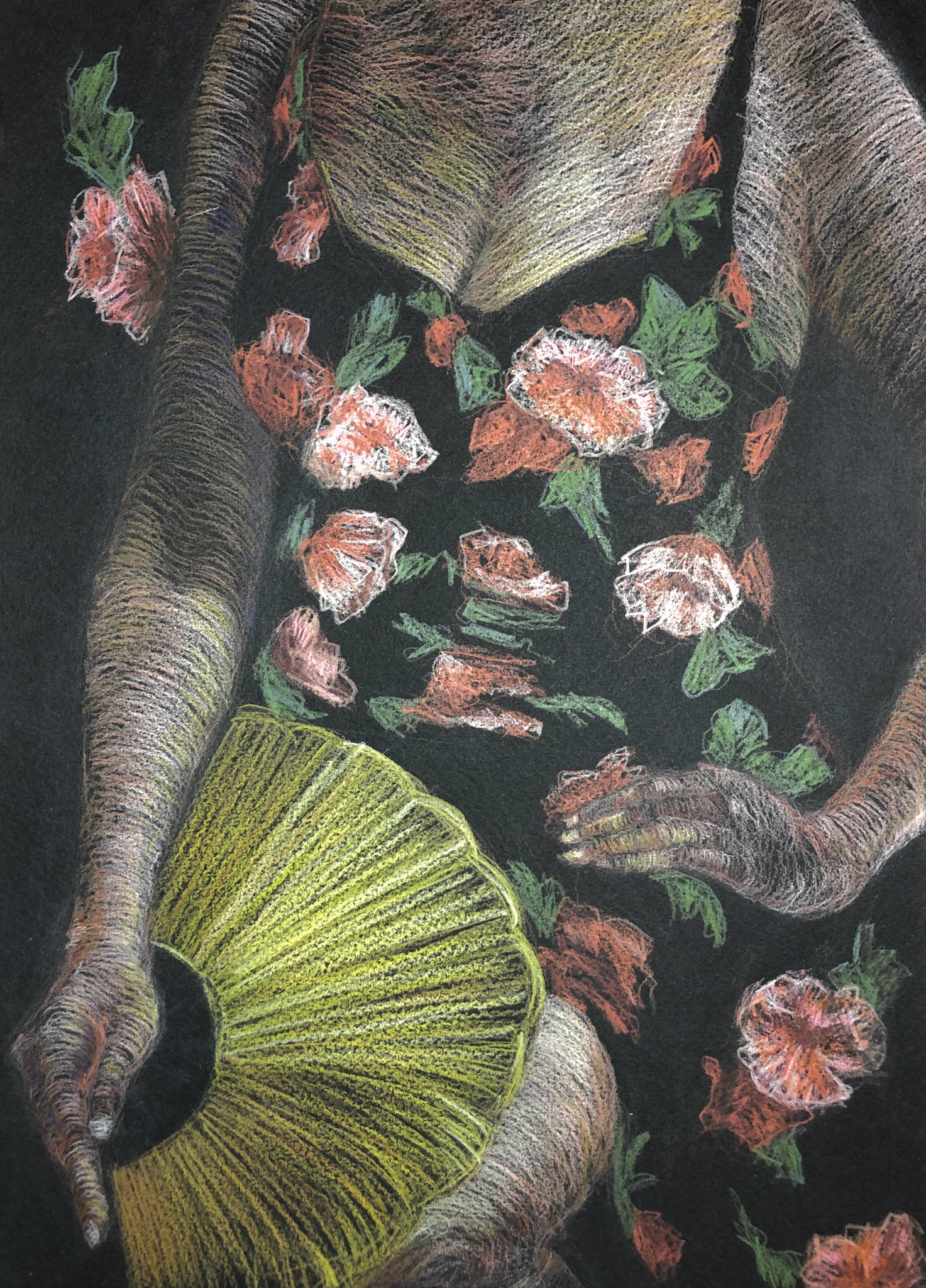 Roses and Fan, Watercolor pencils
