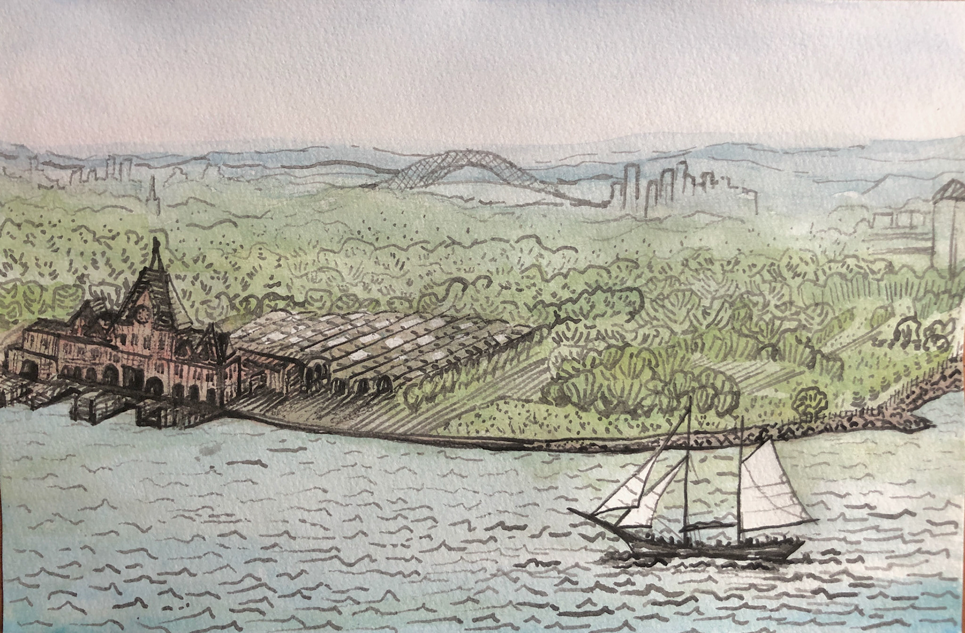 Harbor, Watercolor and ink