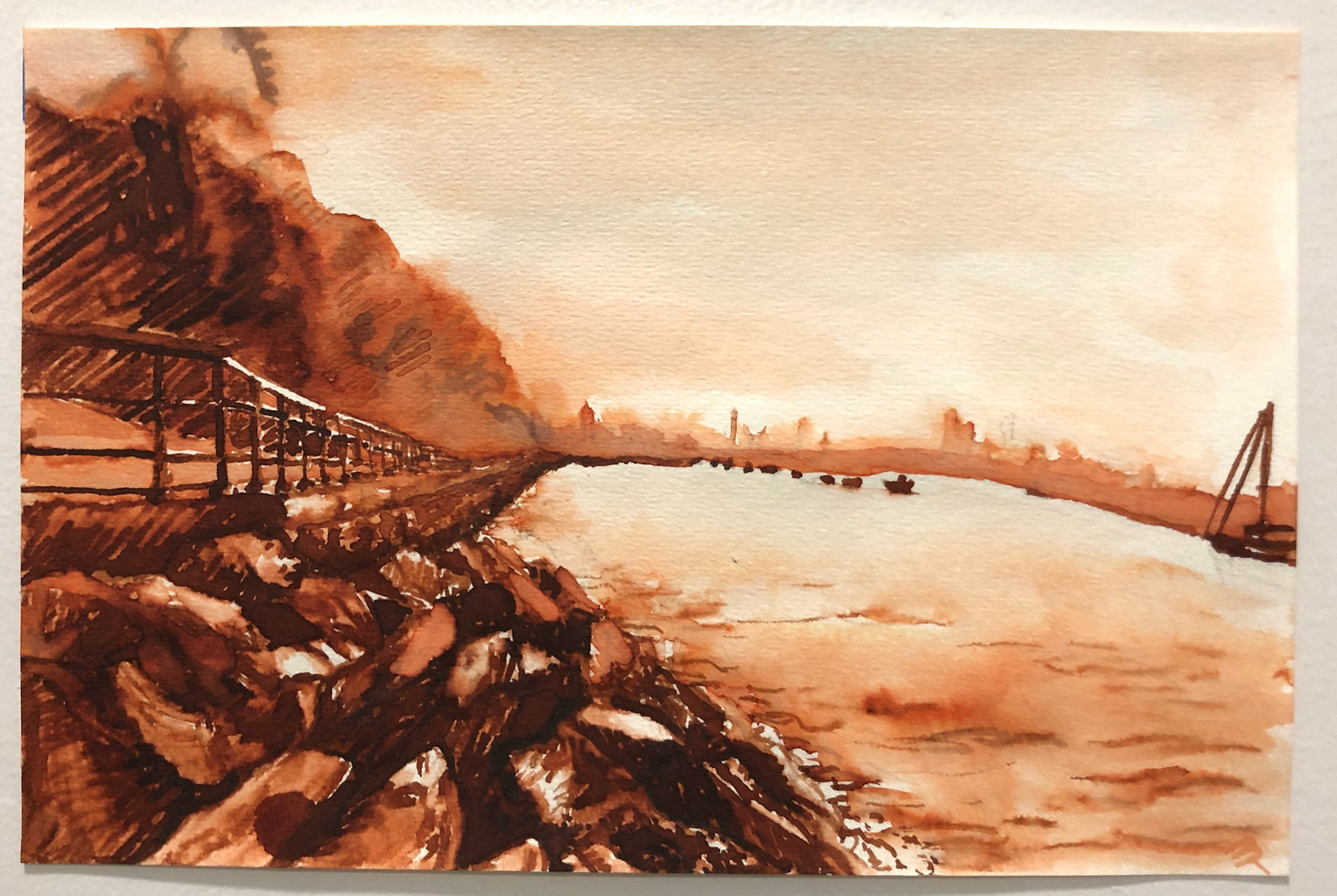 Hudson River, Ink and wash