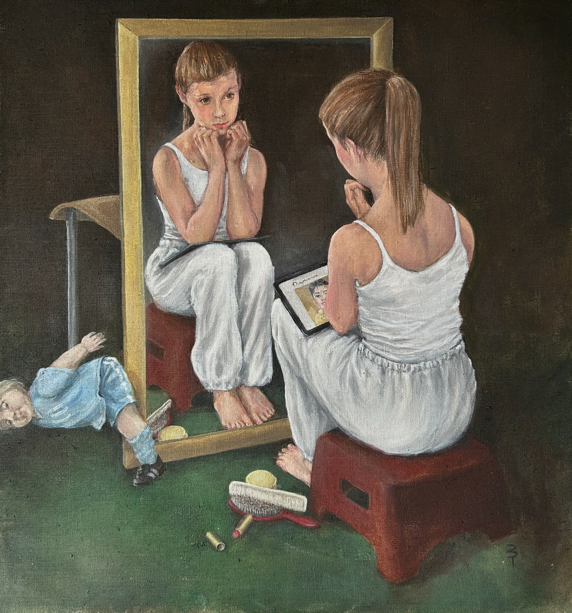 Girl at the Mirror - Conversation with Norman Rockwell, 32"x30", Acrylic paint