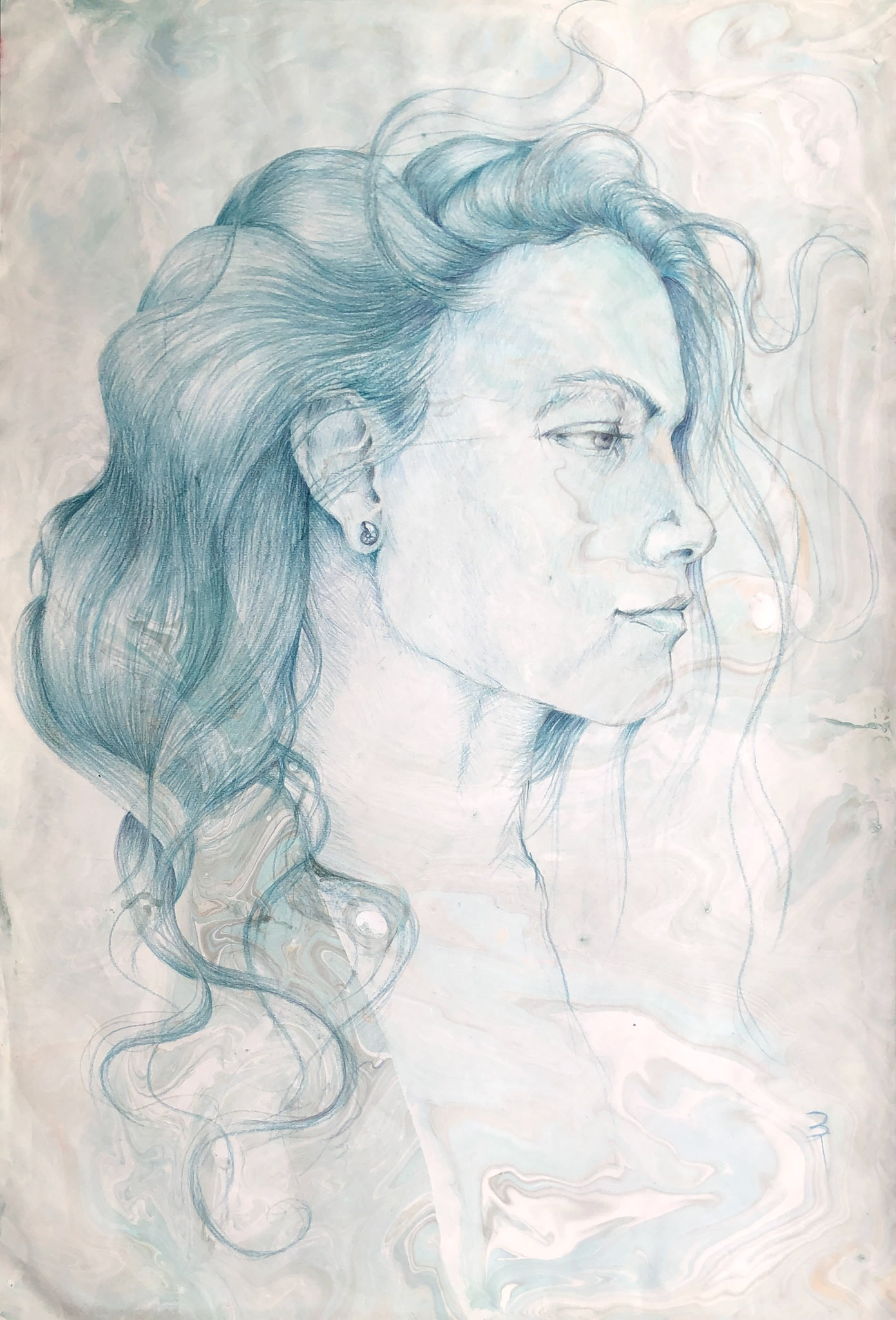 Blue, Watercolor pencils and sumagashi inks