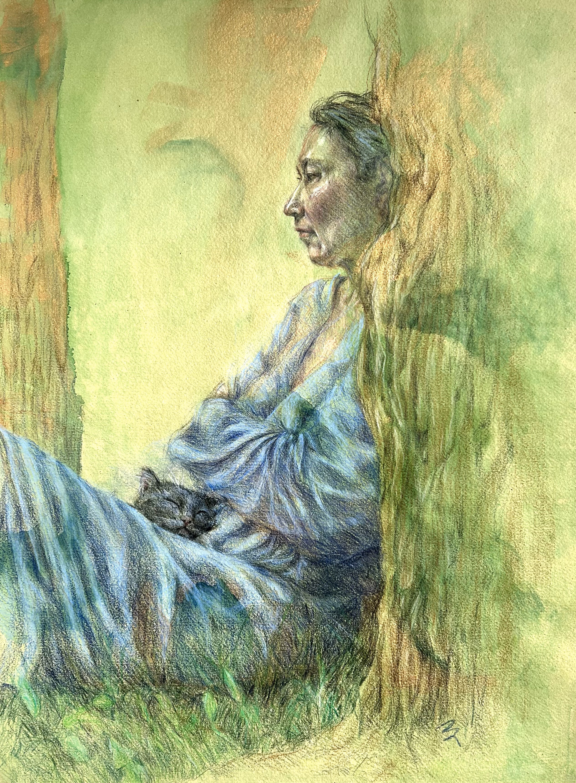 Leaning, Watercolor and watercolor pencils on paper, 30" x 21"