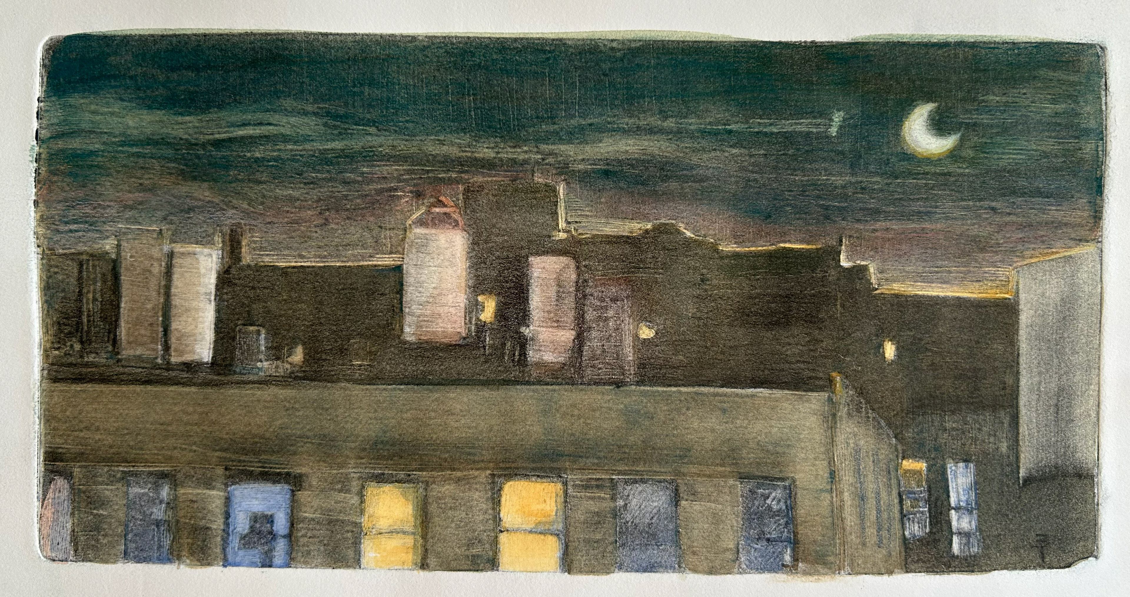 Brooklyn View at Dusk (ghost print and watercolor)