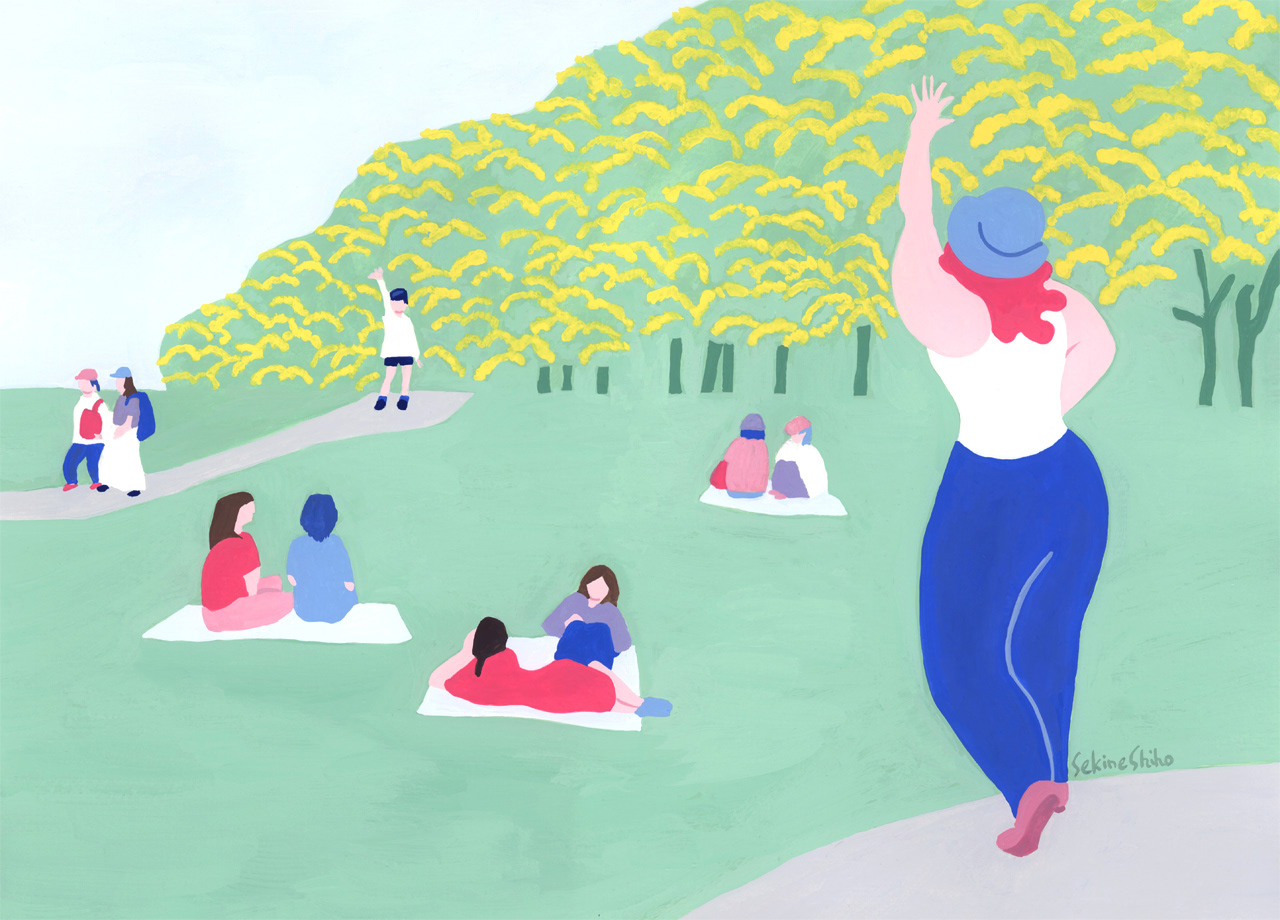 『ミモザの咲く公園で』アクリルガッシュ