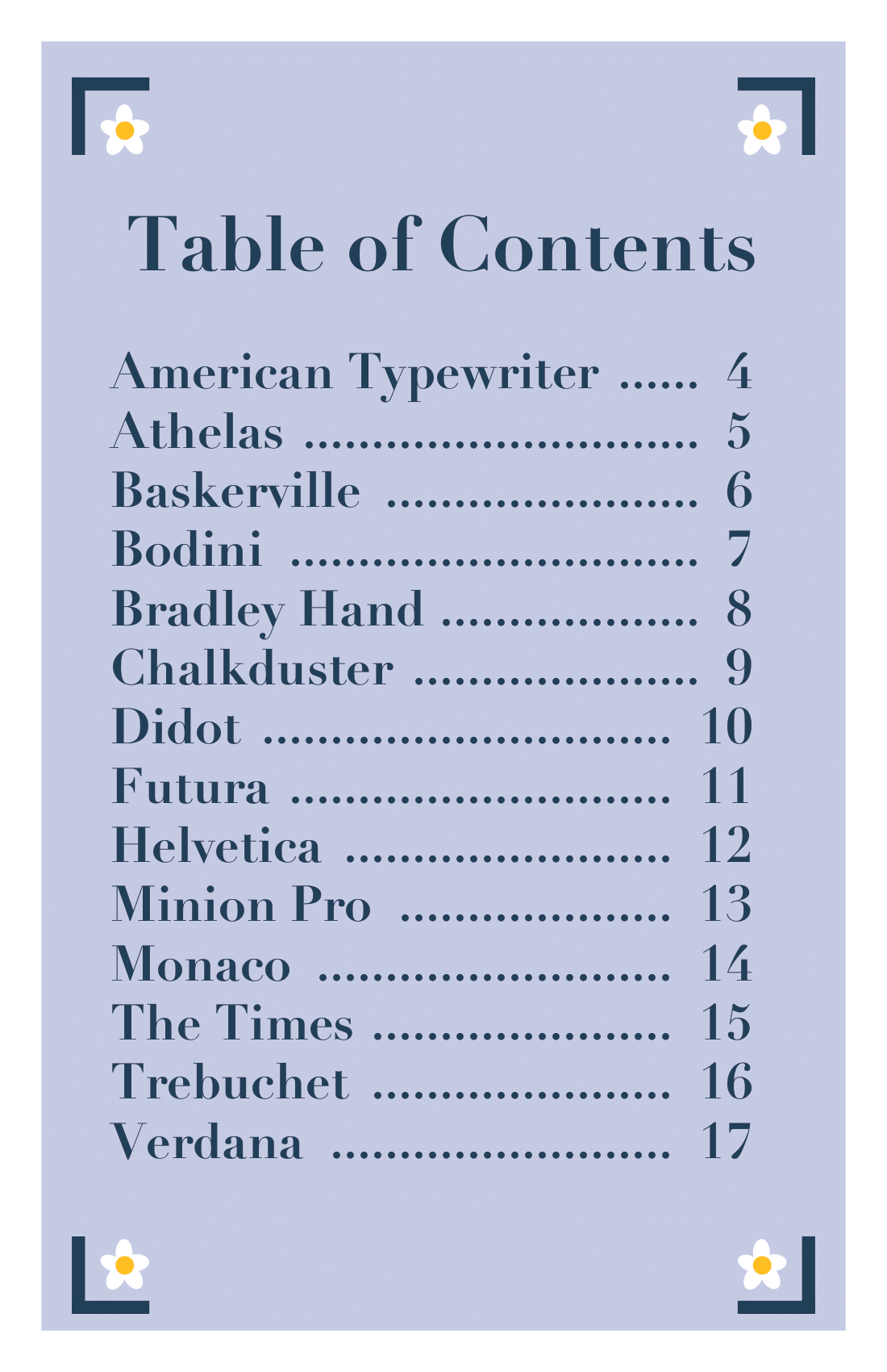 Table of Contents for Font Booklet