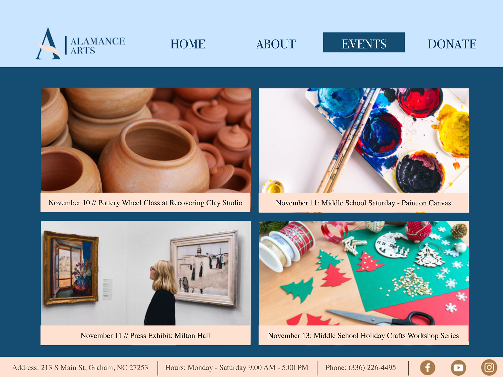 The Events Page for the Alamance Arts website