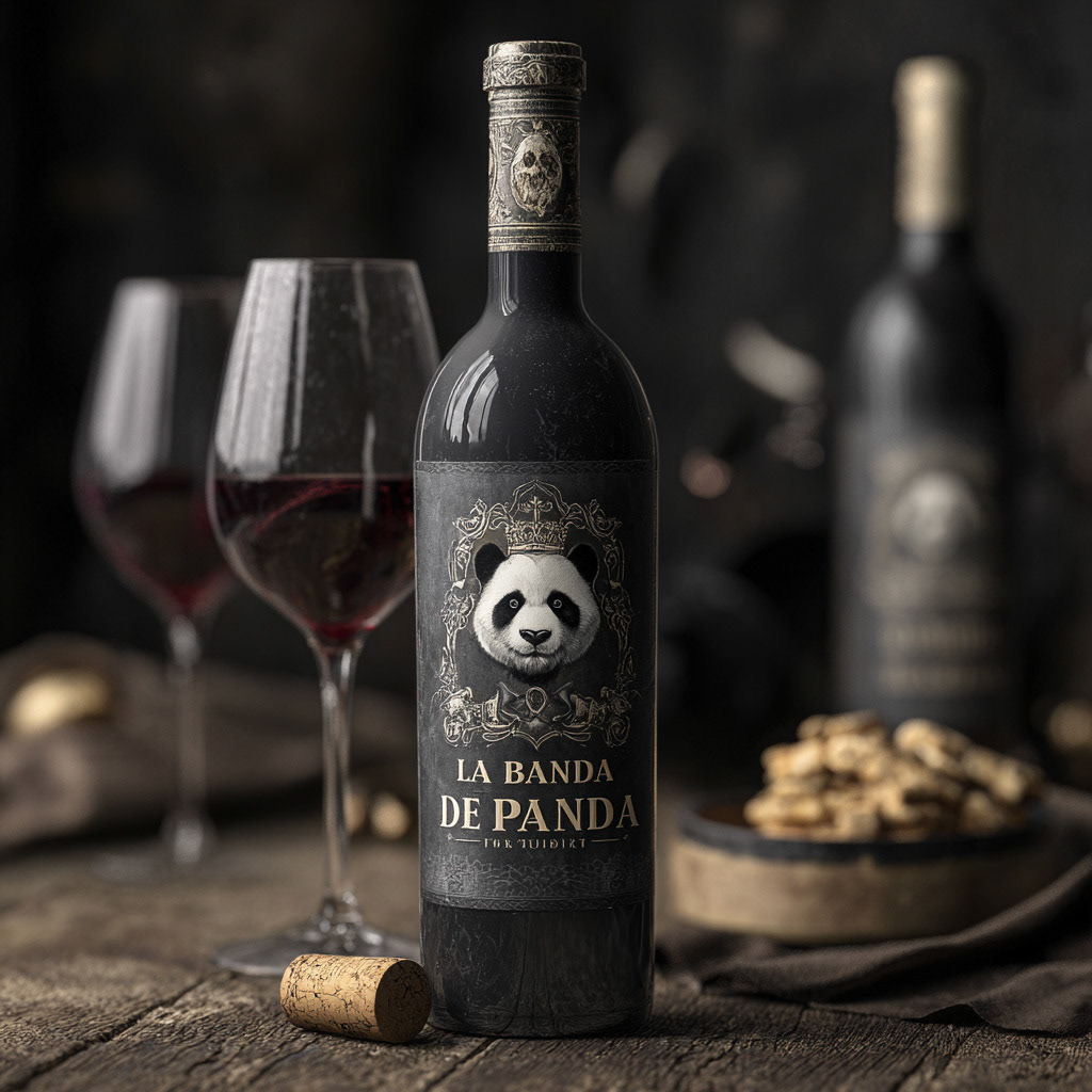 WINE BOTTLE MOCKUP, HIPERREALISTIC, FOR THE BRAND "LA BANDA DEL PANDA" --v 7 Job ID: cad3fe0f-a7c6-488b-9c44-ecbbc633b4e1