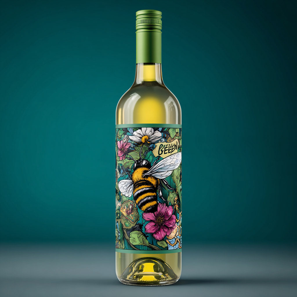 BEE GARDEN wine bottle. Comic style --v 7 Job ID: 48dab98c-3e8d-452c-a4c1-d46f29c45276