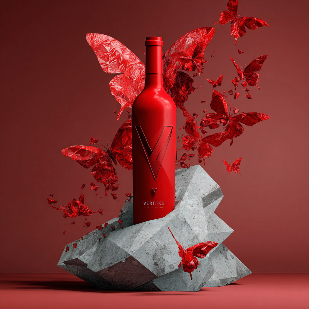 V√âRTICE red wine bottle. Disruptive style --profile epn97ui --v 7 Job ID: 75c11135-6bb4-4794-bd24-9dd20e326f75