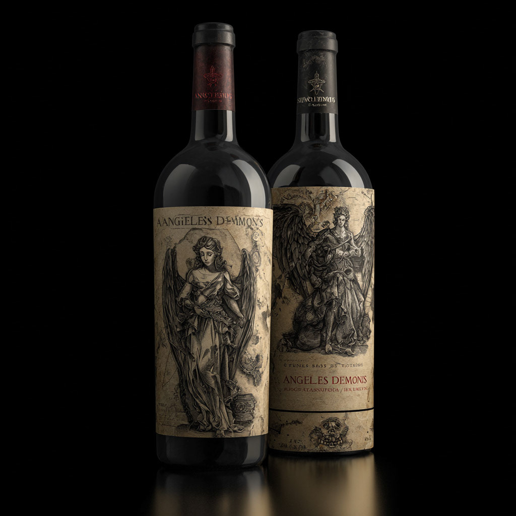 premium and hiperrealistic design for the wine brand "√Ångeles y Demonios" --v 7 Job ID: 2bd2110d-7114-4fcc-ba08-83447026a217
