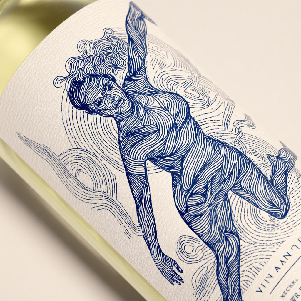 Crea un mockup fotorrealista de una botella de vino blanco 'VINACTIVE'. La botella es de vidrio transparente con un acabado esmerilado satinado. La etiqueta es de un material sint√©tico blanco con textura gomosa (rubberized). El dise√±o consiste en l√≠neas param√©tricas fluidas en 'verde lima ne√≥n' y 'plata' que envuelven una lateral de la botella simulando una mujer haciendo deporte. La tipograf√≠a es moderna, t√©cnica y minimalista. La iluminaci√≥n es blanca, fr√≠a y muy limpia, como de un laboratorio de dise√±o, resaltando el brillo vibrante del verde ne√≥n. Hay un sutil efecto de micro-perforaciones en el papel. Fondo de estudio minimalista en blanco y gris claro con reflejos de tecnolog√≠a. Calidad 8k, futurista, puro y de alto rendimiento. --seed 3620919962 --sref 5732910872 --v 7 Job ID: 3b11cdcb-a36d-427f-87ec-c19e21522bf7