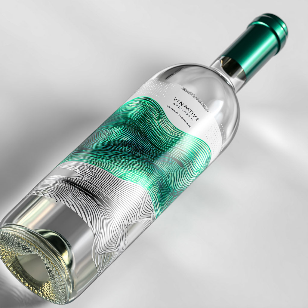Crea un mockup fotorrealista de una botella de vino blanco 'VINACTIVE'. La botella es de vidrio transparente con un acabado esmerilado satinado. La etiqueta es de un material sint√©tico blanco con textura gomosa (rubberized). El dise√±o consiste en l√≠neas param√©tricas fluidas en 'verde lima ne√≥n' y 'plata' que envuelven una lateral de la botella simulando una mujer haciendo deporte. La tipograf√≠a es moderna, t√©cnica y minimalista. La iluminaci√≥n es blanca, fr√≠a y muy limpia, como de un laboratorio de dise√±o, resaltando el brillo vibrante del verde ne√≥n. Hay un sutil efecto de micro-perforaciones en el papel. Fondo de estudio minimalista en blanco y gris claro con reflejos de tecnolog√≠a. Calidad 8k, futurista, puro y de alto rendimiento. --v 7 Job ID: eb3f101e-6795-44cd-aeea-65a45a10f536
