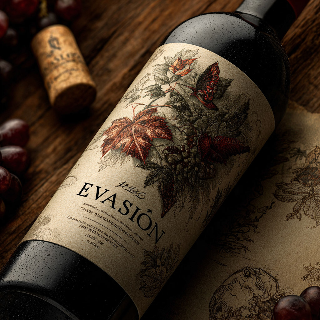 premium and hyperrealistic design for the wine bran "EVASI√ìN" --v 7 Job ID: ce4bcc31-0995-48a1-bd2a-dd015be8cb89