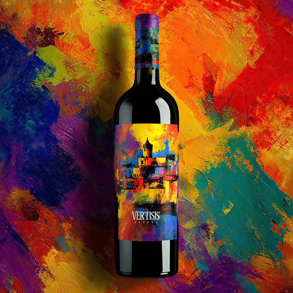 V√âRTICE wine bottle. fauvism style. --v 7 Job ID: 2c2f49e6-260d-4121-9a42-57240a5bd9ab