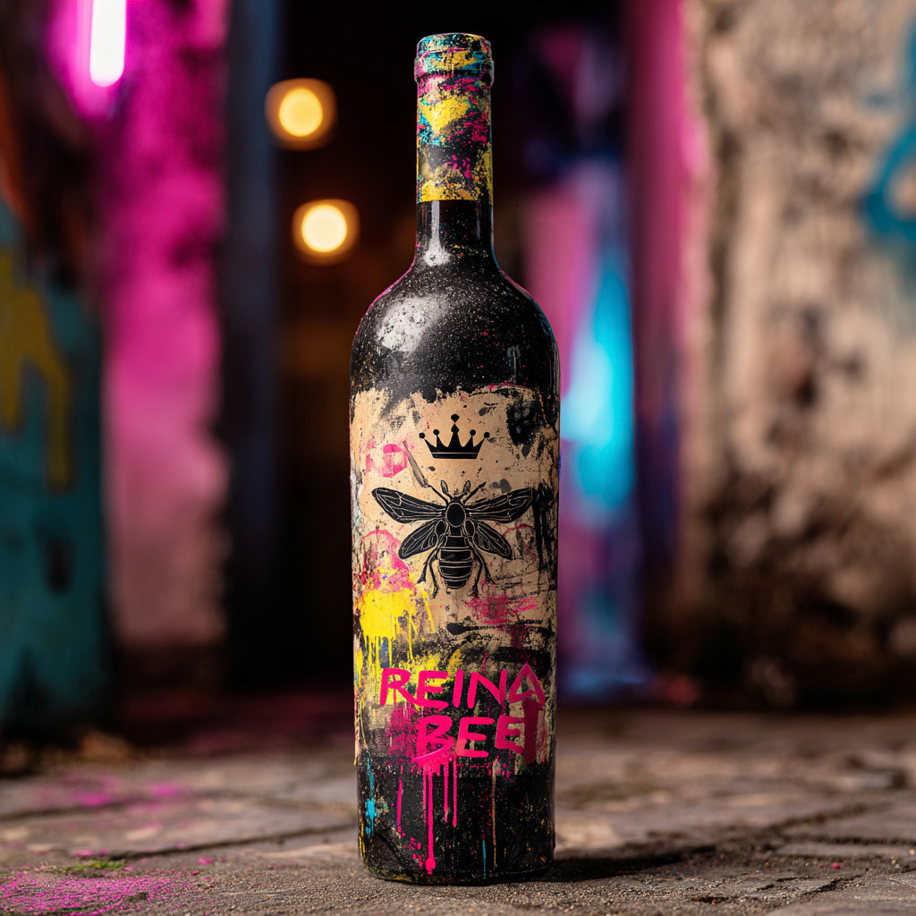 Crea un mockup fotorrealista de una botella de vino tinto 'REINA BEE' con un estilo disruptivo y punk. La botella es de vidrio oscuro, ligeramente sucia. La etiqueta es de papel kraft marr√≥n grueso con bordes rasgados a mano. El dise√±o es un collage ca√≥tico de 'street art': un retrato cl√°sico de una reina en blanco y negro est√° vandalizado con una abeja gigante pintada con spray rosa fl√∫or y amarillo √°cido. La corona es un garabato de 'l√°mina hologr√°fica rota (cracked foil)' que emite destellos desordenados. La tipograf√≠a 'REINA' es g√≥tica y est√° tachada; 'BEE' es un stencil de spray negro chorreando. Texturas de papel de lija, pintura corrida y fotocopia sucia. Iluminaci√≥n de luz de ne√≥n urbana en un callej√≥n con paredes de hormig√≥n grafiteadas. Calidad 8k, ca√≥tico, vibrante y rebelde. --v 7 Job ID: 033c368f-a255-46c6-8af3-985c4d5de621